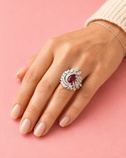 Stylish Red Stone Rhodium Plated Adjustable Cocktail Ring (Red, Silver)