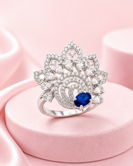 Stylish Blue Stone Rhodium Plated American Diamond Statement Ring for Women & Girls