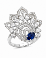 Stylish Blue Stone Rhodium Plated American Diamond Statement Ring for Women & Girls