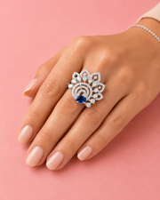 Stylish Blue Stone Rhodium Plated American Diamond Statement Ring for Women & Girls