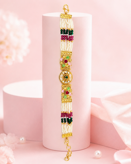 Fancy Rajputi Kundan Pearl Bracelet | Stylish Partywear Multi-color Gajra | Adjustable Free Size Manibandh