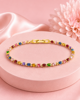 Stylish Multi-Color Fancy Crystal Bracelet | Partywear Rainbow Tennis Bracelet | Trendy Gold Plated Kada Style Jewellery
