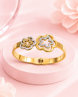 Fancy Stylish Flower Kada - Gold Plated Two-Tone Bangle (Adjustable/Hinged)