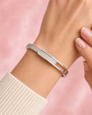 Minimalist Hinged Bangle Bracelet with American Diamond Pavé Stones | Silver Plated Geometric Cuff for Women |