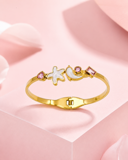 Trendy Starfish Moon Gold Bangle | Stylish Pink Stone Partywear Bracelet for Women | Free Size Fancy Kada