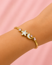 Trendy Starfish Moon Gold Bangle | Stylish Pink Stone Partywear Bracelet for Women | Free Size Fancy Kada