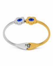 Stylish Fancy Dual Tone Flower Evil Eye Bangle / Trendy Nazar Cuff Bracelet for Women