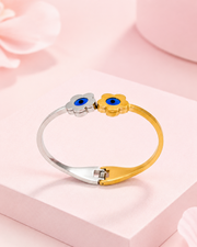 Stylish Fancy Dual Tone Flower Evil Eye Bangle / Trendy Nazar Cuff Bracelet for Women