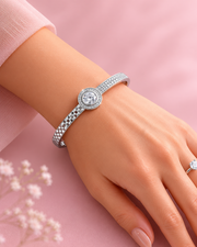 Rhodium Plated American Diamond Studded Geometric Hinged Bangle for Women