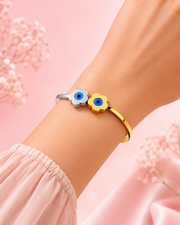 Stylish Fancy Dual Tone Flower Evil Eye Bangle / Trendy Nazar Cuff Bracelet for Women