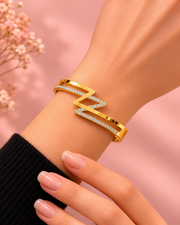 Stylish Geometric Z-Pattern Gold Plated American Diamond Cuff Bracelet for Women