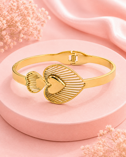 Heart to Heart Gold Plated Kada Bracelet for Women | Laser Cut Designer Cuff | Stainless Steel Jewelry | Gold