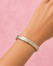 Fancy Stylish Dual Tone Flexible Bracelet | Trendy Gold-Silver Mix Stretchable Wristband for Boys & Girls | Free Size Partywear Item