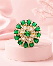 Fancy Stylish Green Emerald Floral Adjustable Partywear Ring