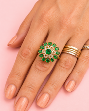 Fancy Stylish Green Emerald Floral Adjustable Partywear Ring