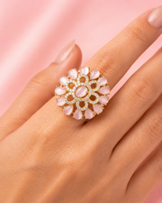Aeterna Gold Plated Pink American Diamond Adjustable Floral Statement Ring for Women & Girls