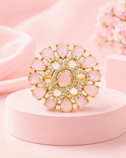 Aeterna Gold Plated Pink American Diamond Adjustable Floral Statement Ring for Women & Girls