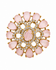 Aeterna Gold Plated Pink American Diamond Adjustable Floral Statement Ring for Women & Girls