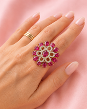 Stylish Pink Floral Fancy Partywear Ring | Trendy Big Stone Adjustable Ring
