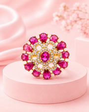 Stylish Pink Floral Fancy Partywear Ring | Trendy Big Stone Adjustable Ring