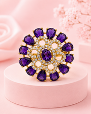 Fancy Purple Diamond Flower Ring / Stylish Partywear Adjustable Ring for Women