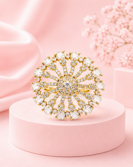 Fancy Stylish Gold Plated Big Flower Partywear Ring / Adjustable AD Ring for Women