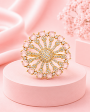 Stylish Rose Pink Partywear Statement Ring | Fancy AD Gold Plated Adjustable Ring for Women & Girls