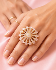 Stylish Rose Pink Partywear Statement Ring | Fancy AD Gold Plated Adjustable Ring for Women & Girls