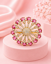 Fancy Pink Stone Partywear Ring | Stylish Adjustable Gold Plated 