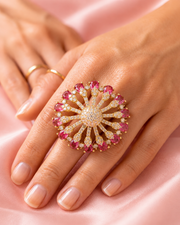 Fancy Pink Stone Partywear Ring | Stylish Adjustable Gold Plated 