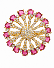 Fancy Pink Stone Partywear Ring | Stylish Adjustable Gold Plated 