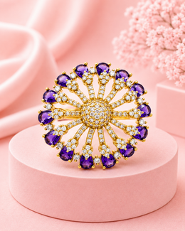 Fancy Purple Amethyst Floral Cocktail Ring - Stylish Partywear AD Ring