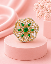 Stylish Gold Plated Emerald Green American Diamond Brass Ring
