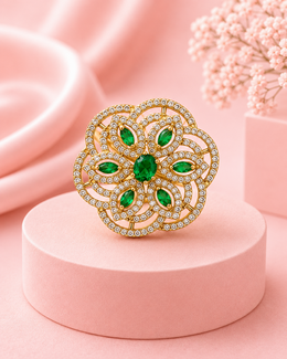 Stylish Gold Plated Emerald Green American Diamond Brass Ring