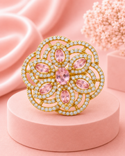 Gold Plated American Diamond & Pink Marquise Stone Adjustable Ring | Festive & Wedding Jewelry for Girls