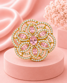 Gold Plated American Diamond & Pink Marquise Stone Adjustable Ring | Festive & Wedding Jewelry for Girls