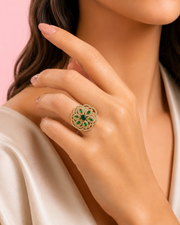 Stylish Gold Plated Emerald Green American Diamond Brass Ring