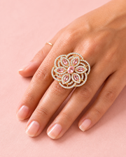 Gold Plated American Diamond & Pink Marquise Stone Adjustable Ring | Festive & Wedding Jewelry for Girls