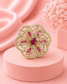 Stylish Fancy Pink Floral Cocktail Ring | Adjustable Partywear Ring for Women & Girls