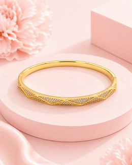 Fancy Gold Plated American Diamond Geometric Kada | Stylish Modern Bangle for Partywear
