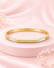 Stylish Minimalist Gold-Plated Hinged Bangle with Mother of Pearl & Stone