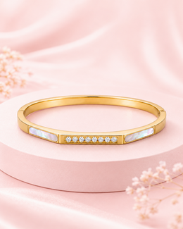 Stylish Minimalist Gold-Plated Hinged Bangle with Mother of Pearl & Stone