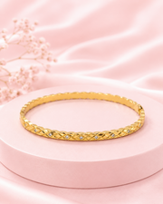 Women's Quilted Pattern Gold Plated Bangle Bracelet | Hinge Clasp Design | Premium CZ Stone Studded Minimalist Hand Jewelry for Daily & Party Wear