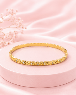 Women's Quilted Pattern Gold Plated Bangle Bracelet | Hinge Clasp Design | Premium CZ Stone Studded Minimalist Hand Jewelry for Daily & Party Wear