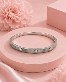 Fancy Silver CZ Kada | Stylish Partywear Diamond Look Bangle | Free Size Hinged Bracelet