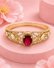 Elegant Gold-Plated Oval Ruby Stone Kada Bracelet | Premium Imitation Polki & CZ Bangle