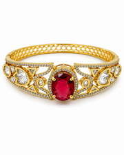 Elegant Gold-Plated Oval Ruby Stone Kada Bracelet | Premium Imitation Polki & CZ Bangle