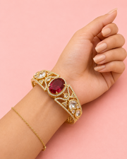 Elegant Gold-Plated Oval Ruby Stone Kada Bracelet | Premium Imitation Polki & CZ Bangle