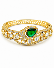 Stylish Gold-Plated Emerald Green Polki Hinged Kada For Party Wear