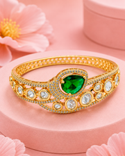 Stylish Gold-Plated Emerald Green Polki Hinged Kada For Party Wear